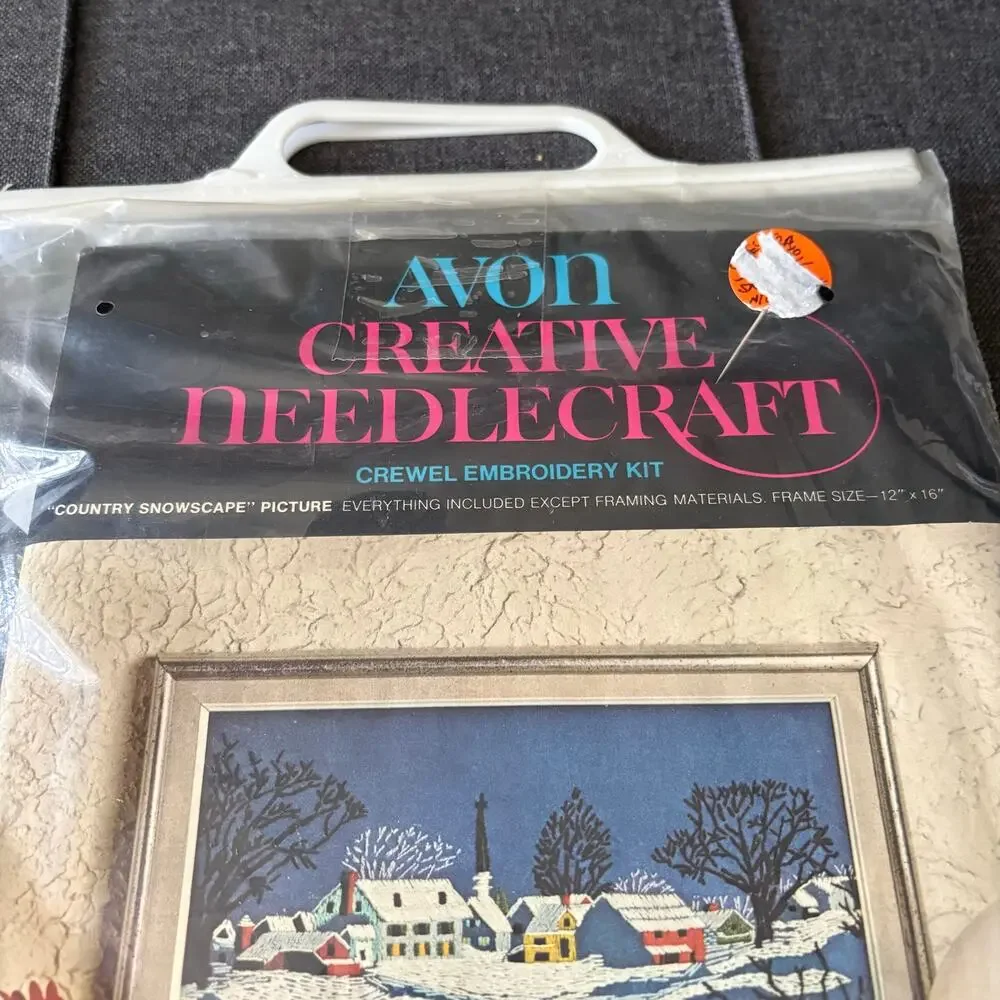 Country Snowscape Vintage Stamped Crewel Needlecraft Embroidery Kit by Avon 1973